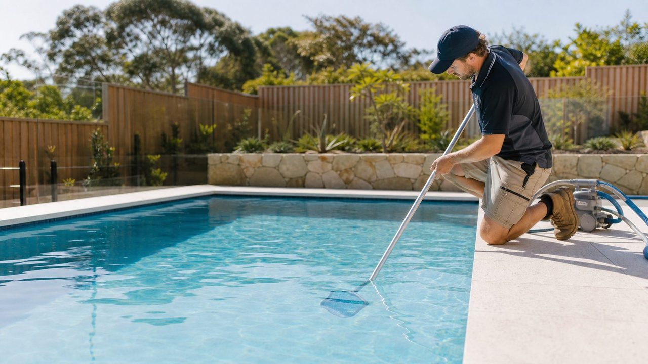 Illustrative pool-cleaning scene with a person using a pole beside the water